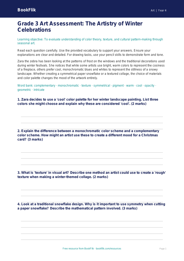 Free Christmas Art Assessment | Grade 3 | Art | BookFlik worksheet preview — Art Christmas Art