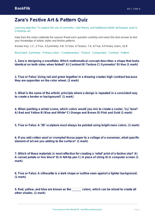 Christmas Art Quiz for Grade 3 | Free Art Lesson | BookFlik worksheet preview — Art Christmas Art