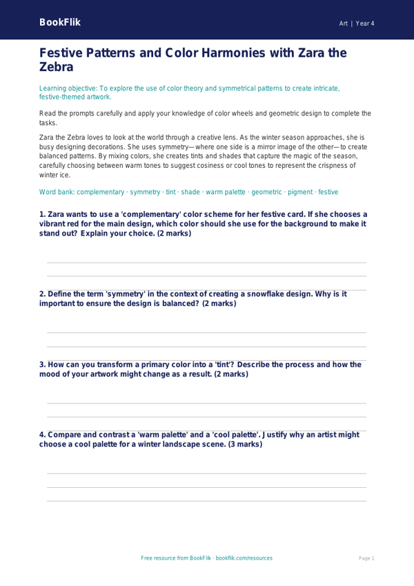 Free Christmas Art Worksheet | Grade 3 | Art | BookFlik worksheet preview — Art Christmas Art