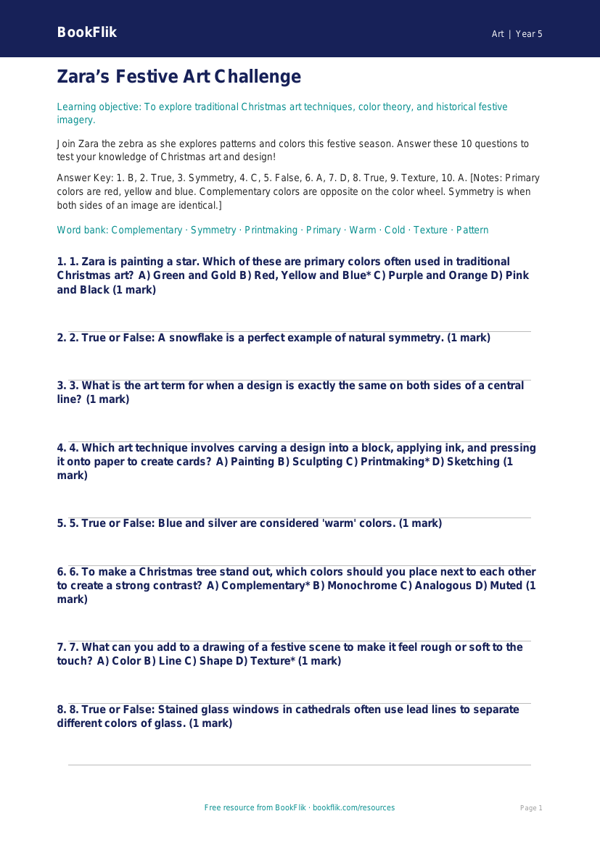 Free Christmas Art Quiz | Grade 4 | Art | BookFlik worksheet preview — Art Christmas Art