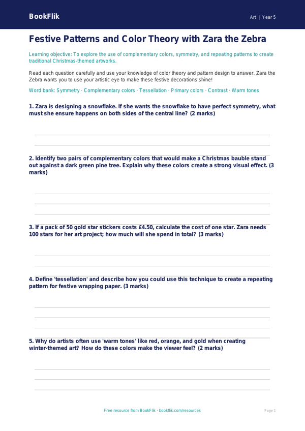 Free Christmas Art Worksheet | Grade 4 | Art | BookFlik worksheet preview — Art Christmas Art