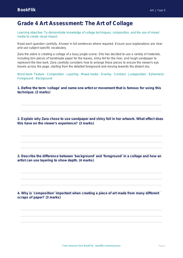 Free Collage Assessment | Grade 4 | Art | BookFlik worksheet preview — Art Collage