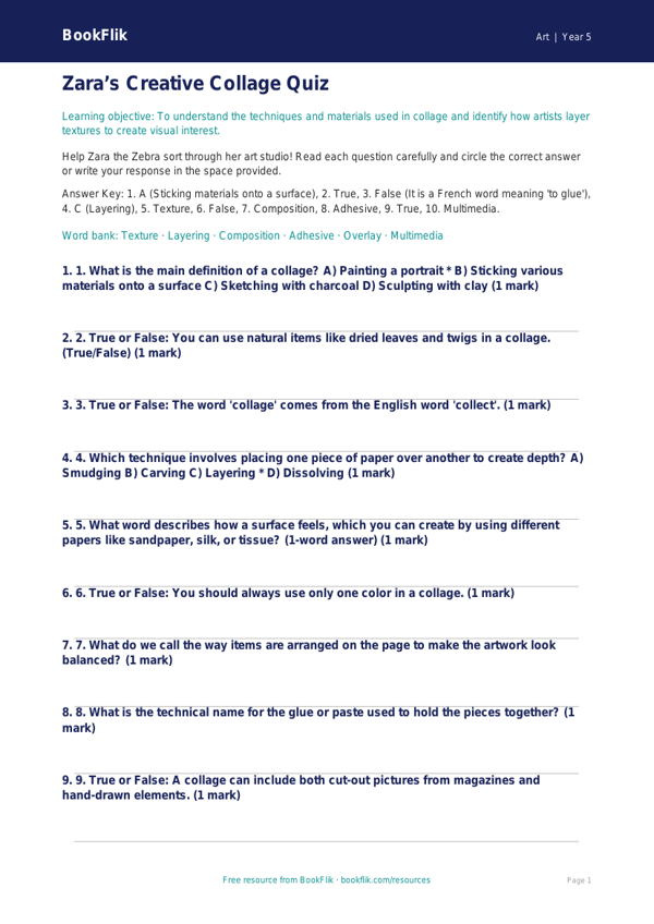 Free Collage Quiz | Grade 4 | Art | BookFlik worksheet preview — Art Collage