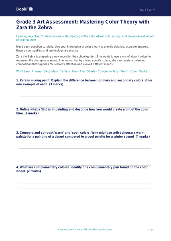 Free Color Theory Assessment | Grade 3 | Art | BookFlik worksheet preview — Art Colour Theory