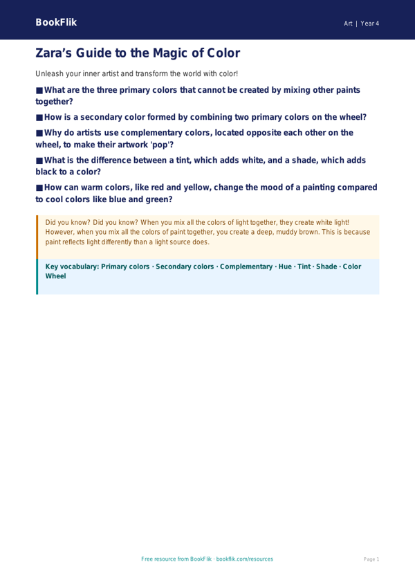 Free Color Theory Poster | Grade 3 Art Lesson | BookFlik worksheet preview — Art Colour Theory