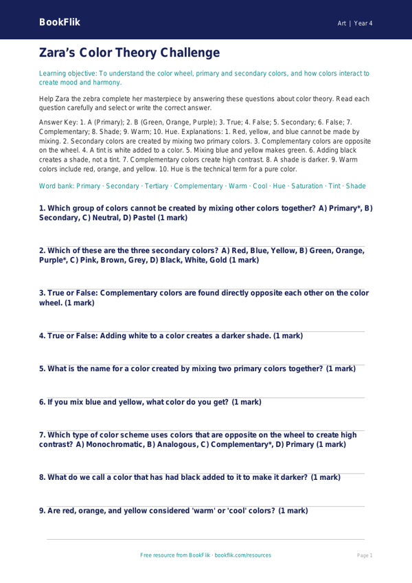 Free Color Theory Quiz | Grade 3 | Art | BookFlik worksheet preview — Art Colour Theory