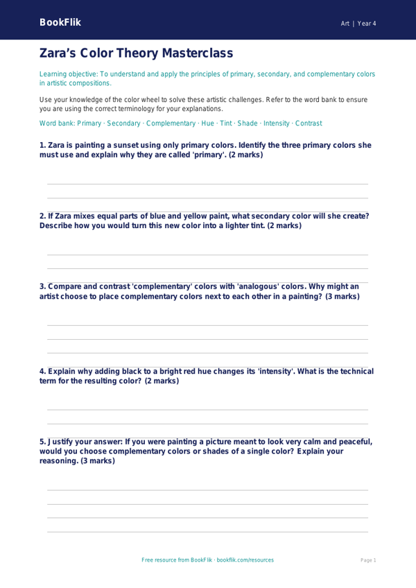 Free Color Theory Worksheet | Grade 3 | Art | BookFlik worksheet preview — Art Colour Theory