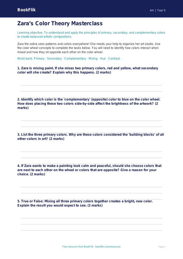 Free Color Theory Activity Sheet | Grade 4 | Art | BookFlik worksheet preview — Art Colour Theory