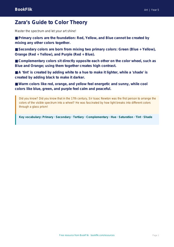 Free Color Theory Poster | Grade 4 | Art | BookFlik worksheet preview — Art Colour Theory