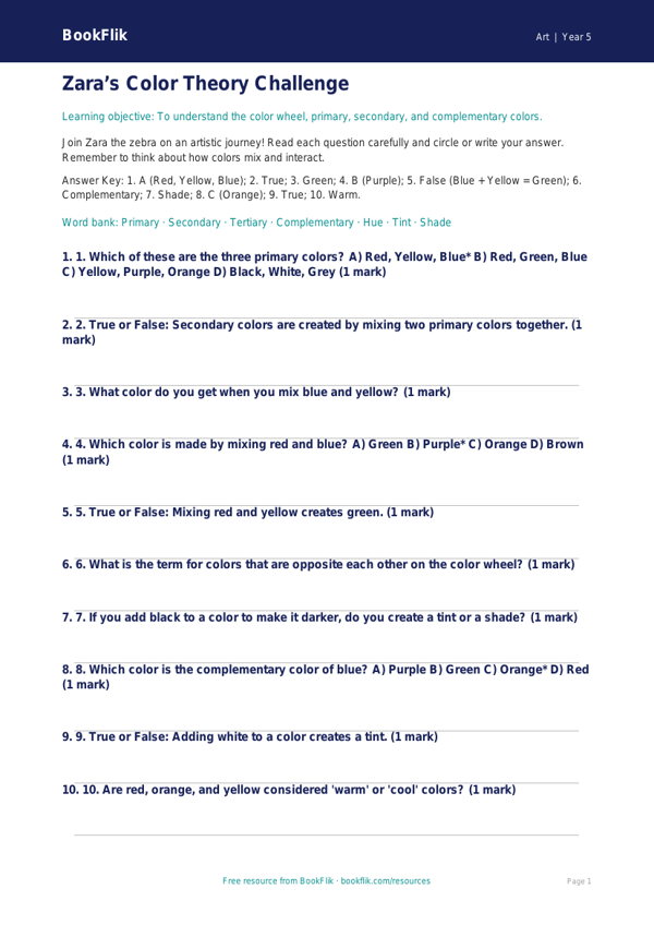 Color Theory Quiz for Grade 4 | Art Lesson | BookFlik worksheet preview — Art Colour Theory