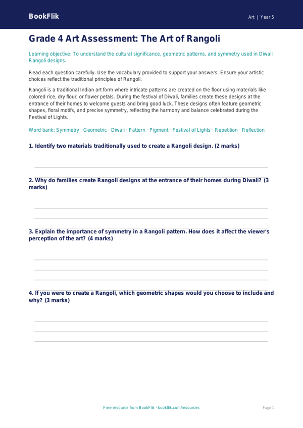 Free Diwali Rangoli Assessment | Grade 4 | Art | BookFlik worksheet preview — Art Diwali Rangoli