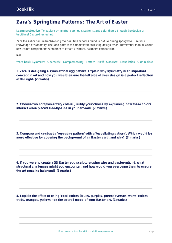 Free Easter Art Worksheet | Grade 3 | Art | BookFlik worksheet preview — Art Easter Art