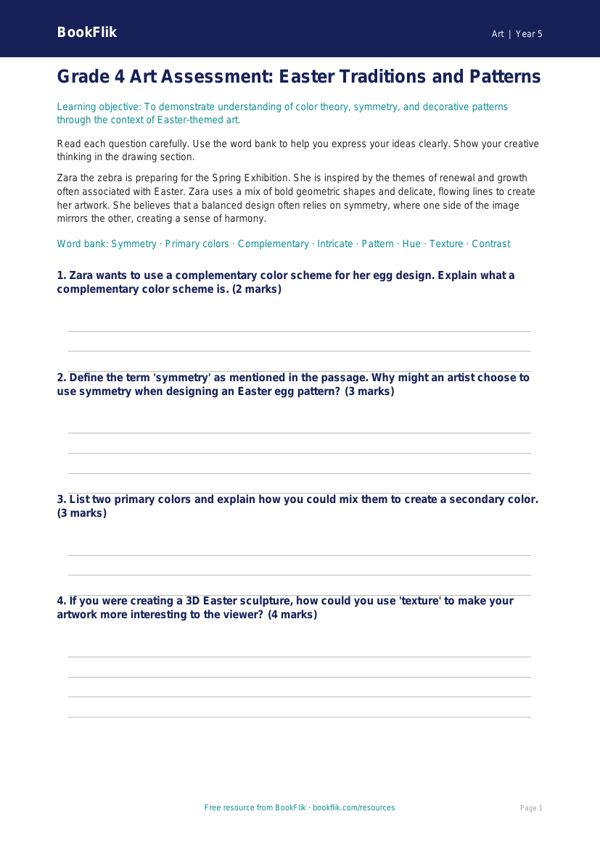 Free Easter Art Assessment | Grade 4 | Art | BookFlik worksheet preview — Art Easter Art