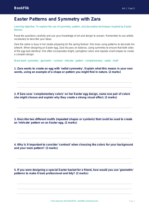 Free Easter Art Worksheet | Grade 4 | Art | BookFlik worksheet preview — Art Easter Art