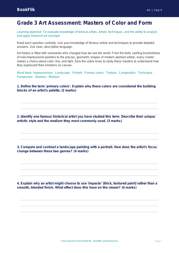 Free Famous Artists Assessment | Grade 3 | Art | BookFlik worksheet preview — Art Famous Artists