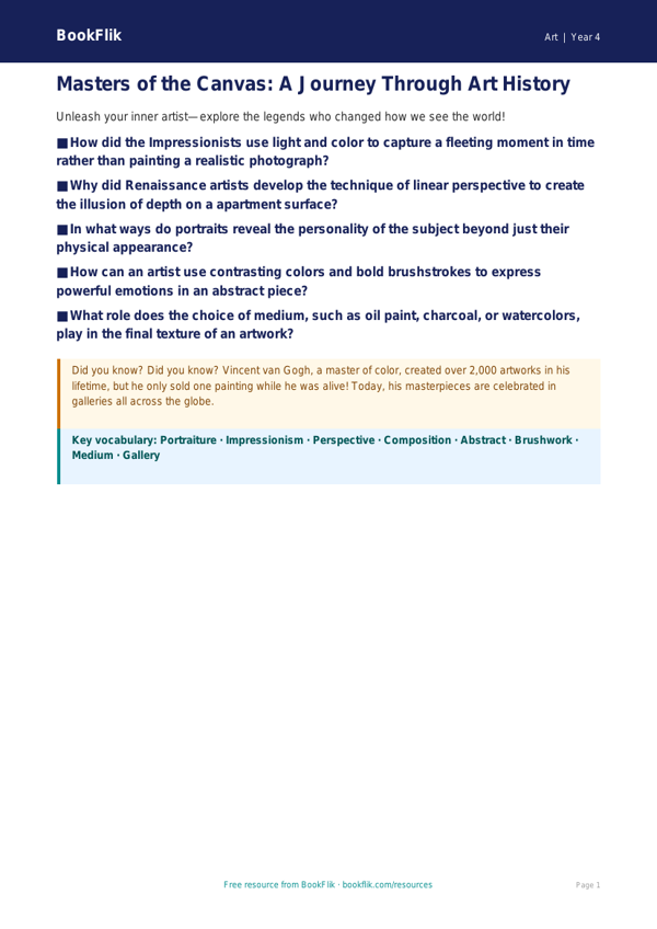 Free Famous Artists Poster | Grade 3 | Art | BookFlik worksheet preview — Art Famous Artists