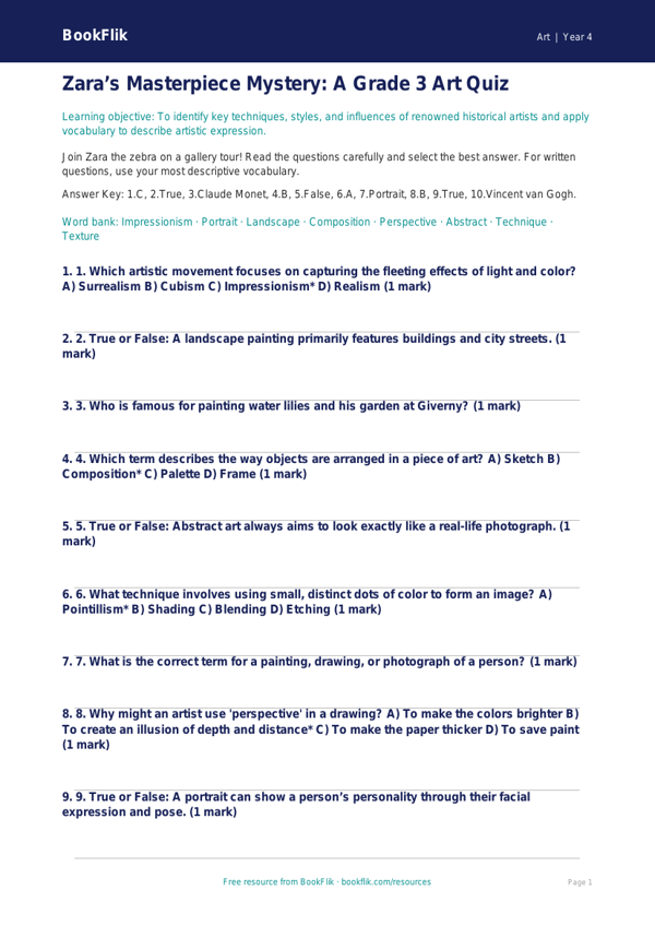 Free Famous Artists Quiz | Grade 3 | Art | BookFlik worksheet preview — Art Famous Artists