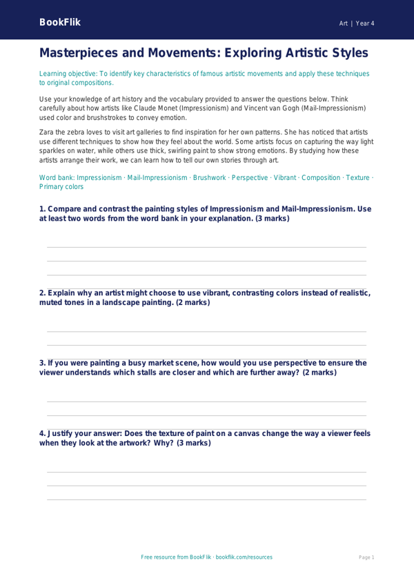 Free Famous Artists Worksheet | Grade 3 | Art | BookFlik worksheet preview — Art Famous Artists