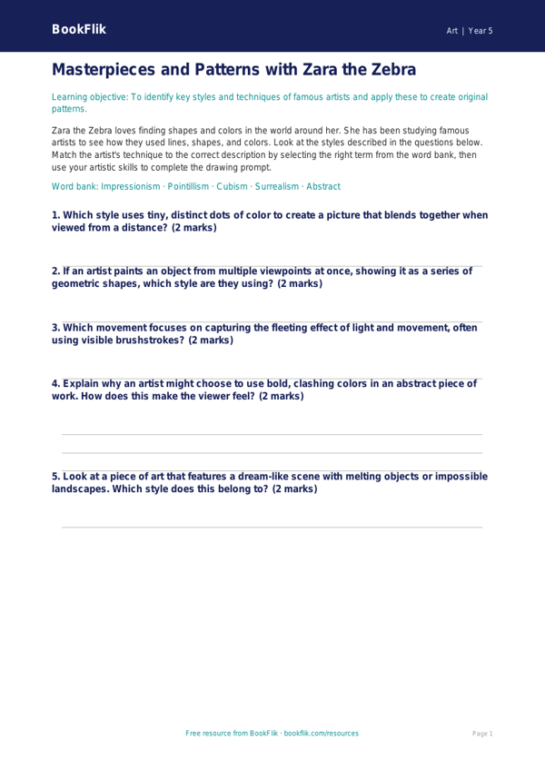 Free Famous Artists Activity Sheet | Grade 4 | Art | BookFlik worksheet preview — Art Famous Artists