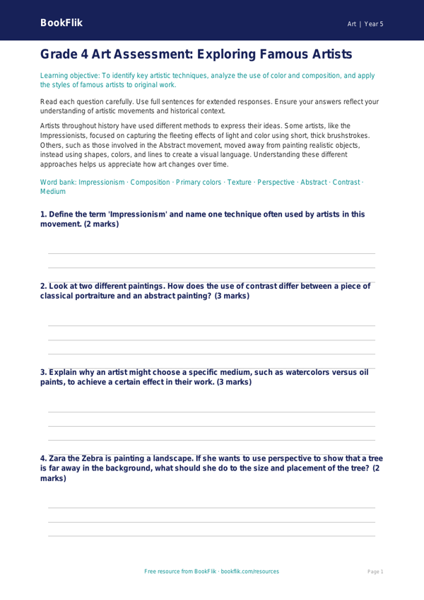 Free Famous Artists Assessment | Grade 4 | Art | BookFlik worksheet preview — Art Famous Artists