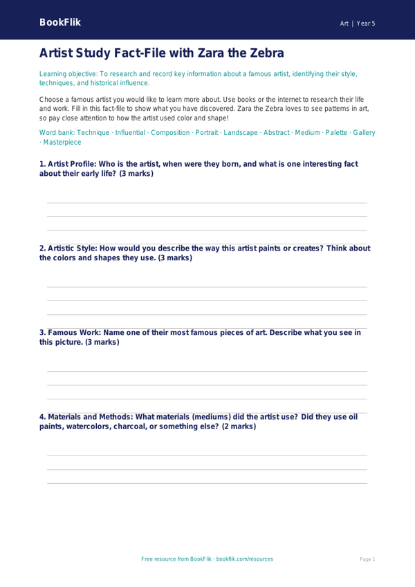 Famous Artists Research Template | Grade 4 Art Worksheet | BookFlik worksheet preview — Art Famous Artists