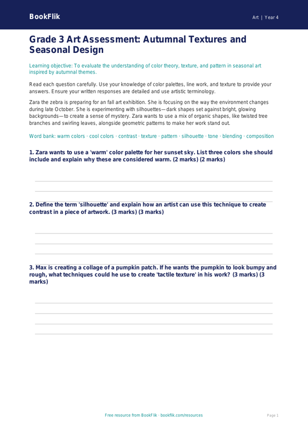 Free Halloween Art Assessment | Grade 3 | Art | BookFlik worksheet preview — Art Halloween Art