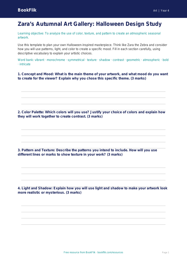 Free Halloween Art Template | Grade 3 | Art | BookFlik worksheet preview — Art Halloween Art