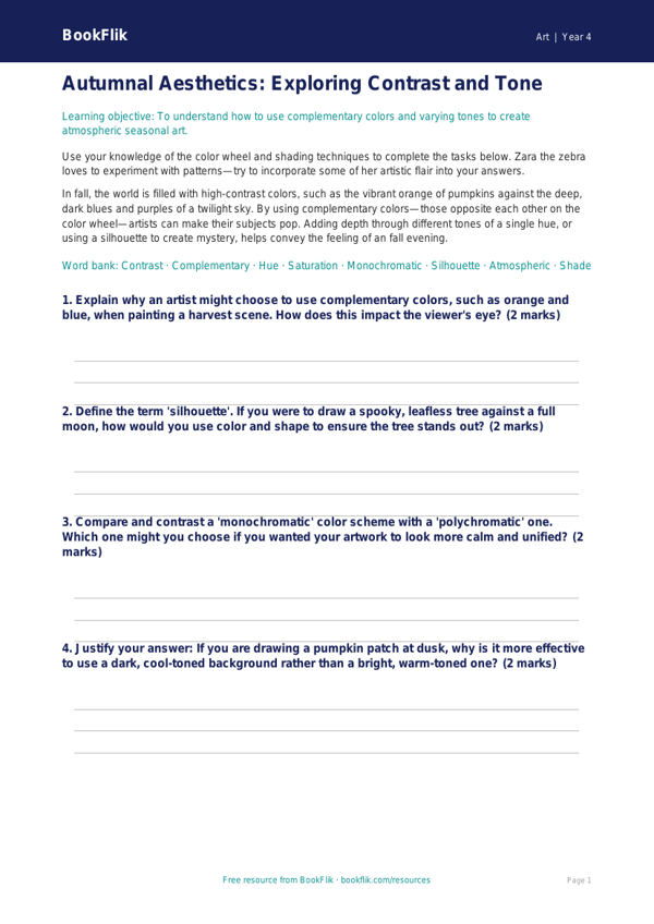 Free Halloween Art Worksheet | Grade 3 | Art | BookFlik worksheet preview — Art Halloween Art