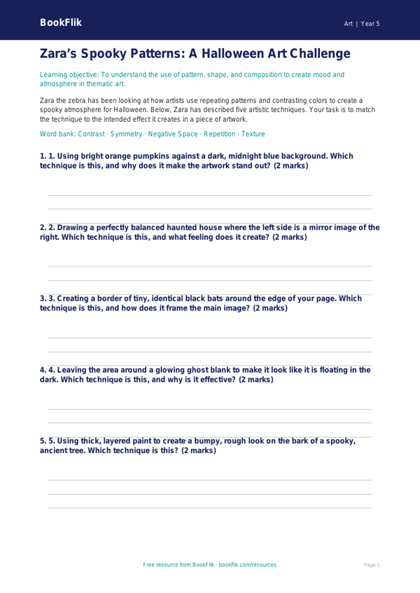 Free Halloween Art Activity Sheet | Grade 4 | Art | BookFlik worksheet preview — Art Halloween Art