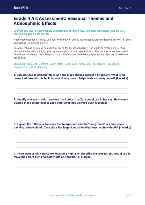 Free Halloween Art Assessment | Grade 4 | Art | BookFlik worksheet preview — Art Halloween Art