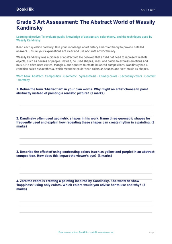 Free Kandinsky Assessment | Grade 3 | Art | BookFlik worksheet preview — Art Kandinsky