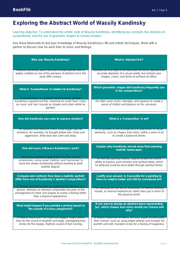 Free Kandinsky Flashcards | Grade 3 | Art | BookFlik worksheet preview — Art Kandinsky