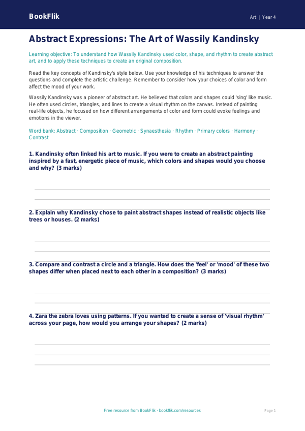 Free Kandinsky Worksheet | Grade 3 | Art | BookFlik worksheet preview — Art Kandinsky