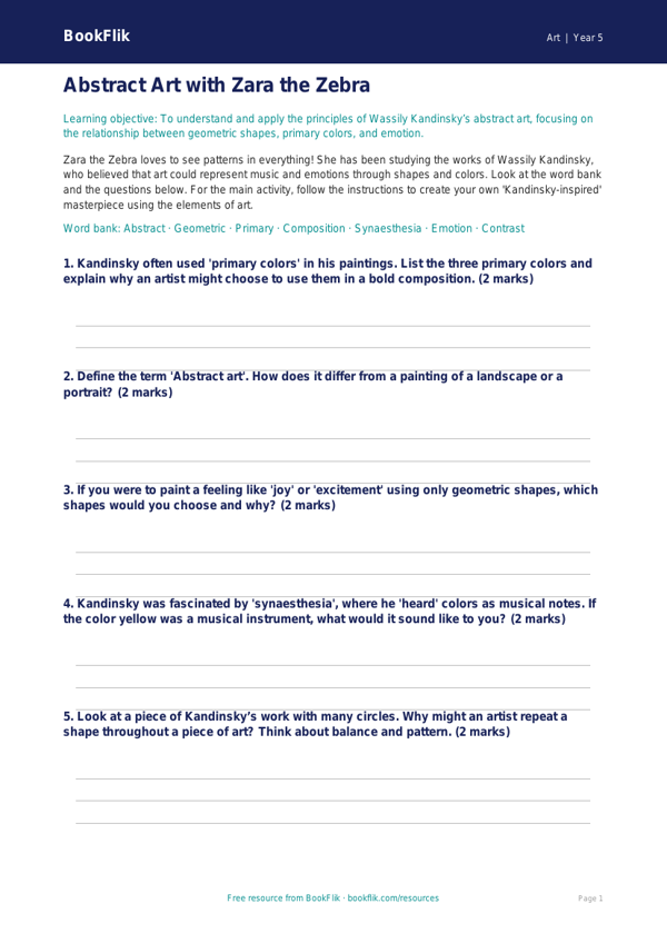 Free Kandinsky Activity Sheet | Grade 4 | Art | BookFlik worksheet preview — Art Kandinsky