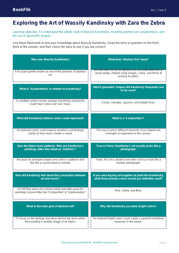 Free Kandinsky Flashcards | Grade 4 | Art | BookFlik worksheet preview — Art Kandinsky