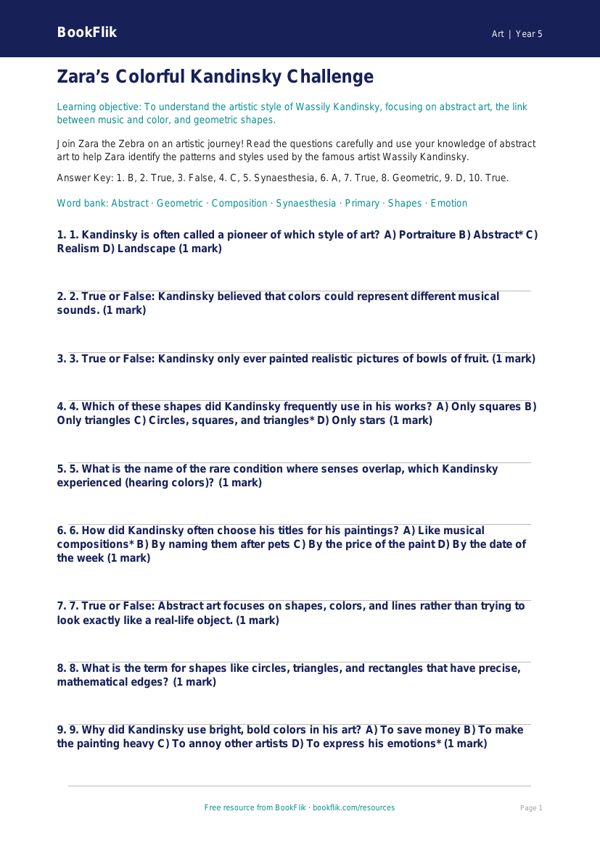 Free Kandinsky Quiz | Grade 4 | Art | BookFlik worksheet preview — Art Kandinsky