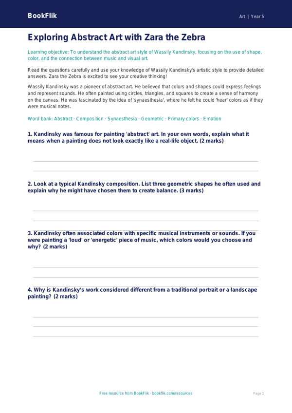 Free Kandinsky Worksheet | Grade 4 | Art | BookFlik worksheet preview — Art Kandinsky