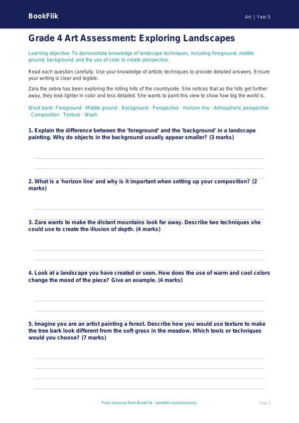 Free Landscapes Assessment | Grade 4 | Art | BookFlik worksheet preview — Art Landscapes