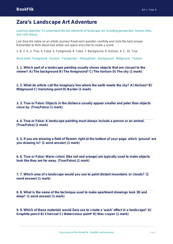 Free Landscapes Quiz | Grade 4 | Art | BookFlik worksheet preview — Art Landscapes