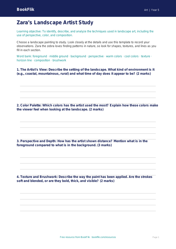 Free Landscapes Template | Grade 4 | Art | BookFlik worksheet preview — Art Landscapes
