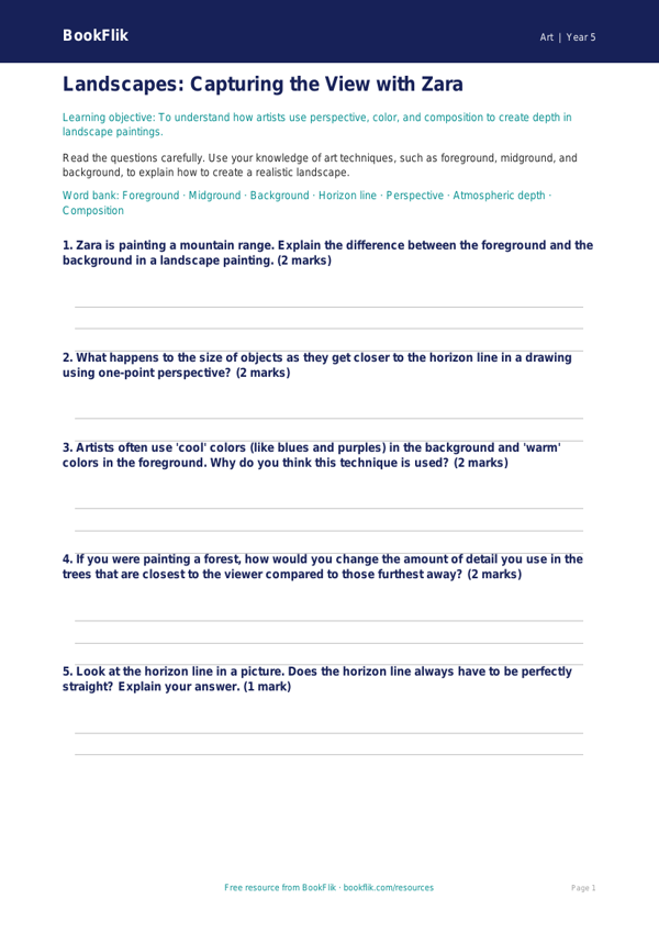 Free Landscapes Worksheet | Grade 4 | Art | BookFlik worksheet preview — Art Landscapes