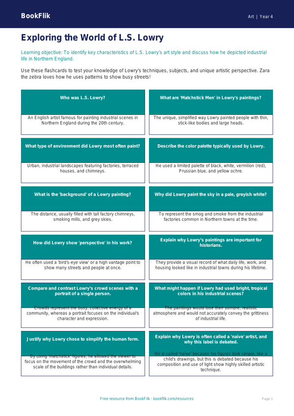 L.S. Lowry Art Lesson & Flashcards | Grade 3 | BookFlik worksheet preview — Art Lowry