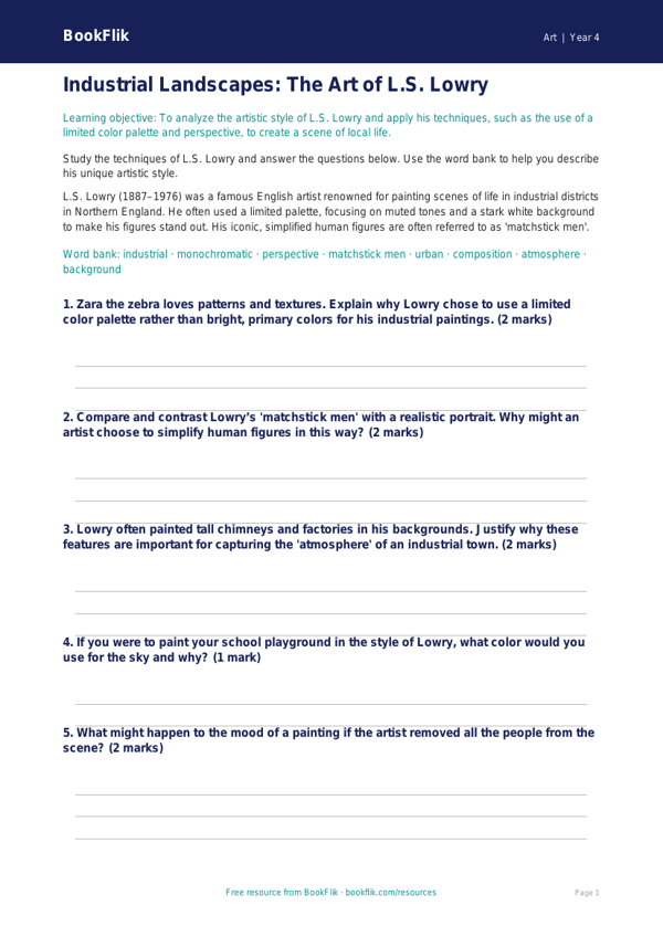 L.S. Lowry Art Worksheet for Grade 3 | Free Printable | BookFlik worksheet preview — Art Lowry