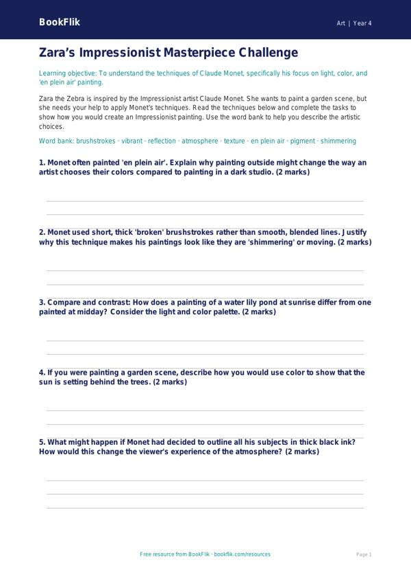 Free Monet Activity Sheet | Grade 3 | Art | BookFlik worksheet preview — Art Monet