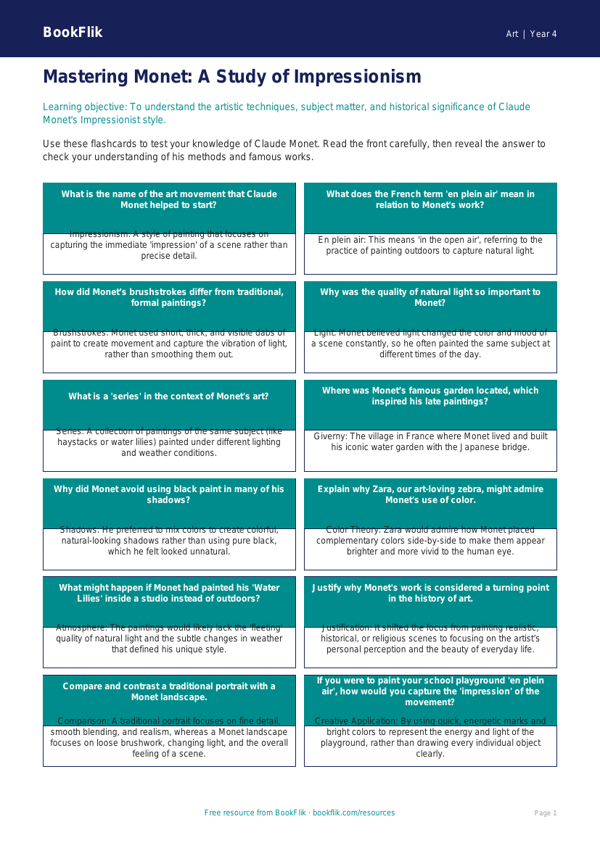 Free Monet Flashcards | Grade 3 | Art | BookFlik worksheet preview — Art Monet