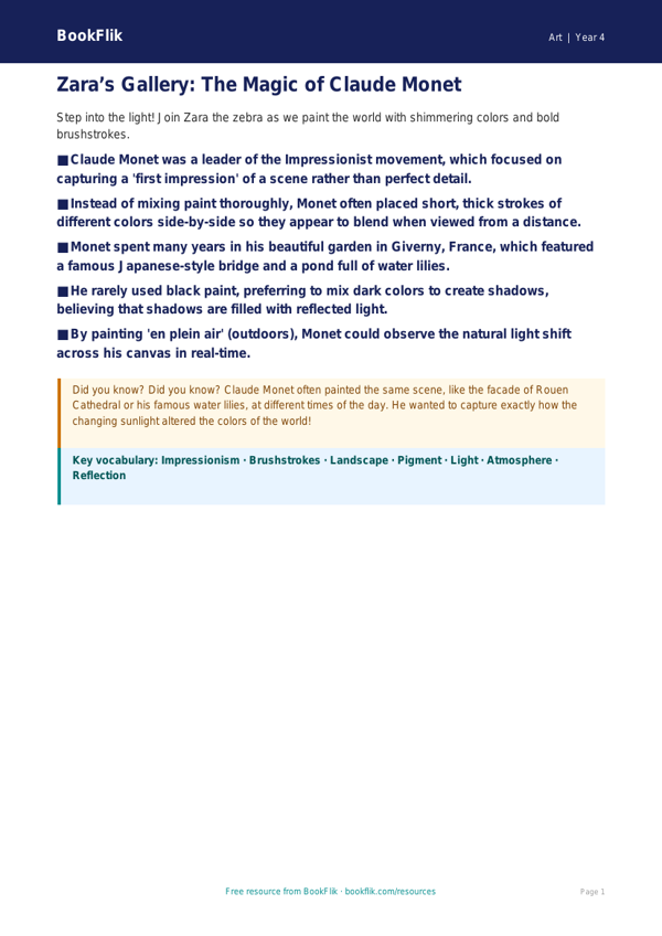 Claude Monet Art Lesson for Grade 3 | BookFlik Resources worksheet preview — Art Monet