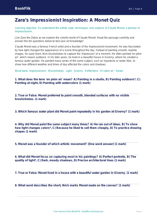 Claude Monet Art Quiz for Grade 3 | Free Printable | BookFlik worksheet preview — Art Monet