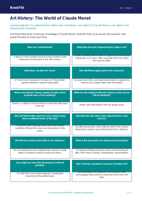 Free Monet Flashcards | Grade 4 | Art | BookFlik worksheet preview — Art Monet