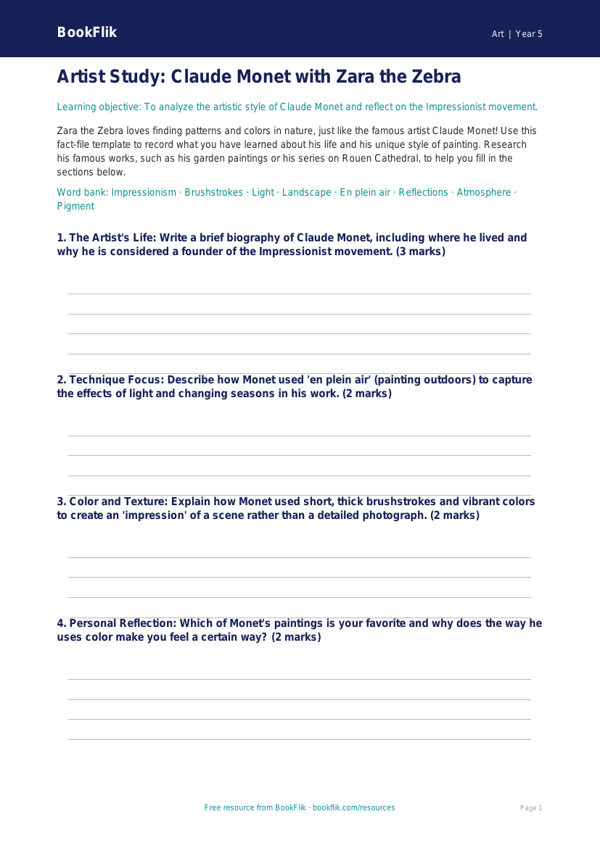 Claude Monet Art Lesson for Grade 4 | BookFlik worksheet preview — Art Monet