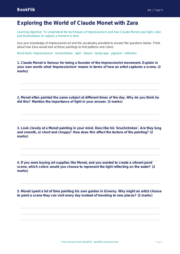 Free Monet Worksheet | Grade 4 | Art | BookFlik worksheet preview — Art Monet